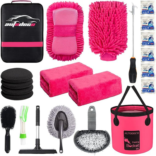 22Pcs Car Wash Cleaning Tools Kit Car Detailing Set with Canvas Bag Pink Collapsible Bucket Wash Mitt Sponge Towels Tire Brush Window Scraper Duster Complete Interior Car Care Kit