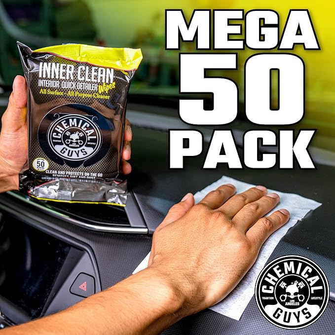 Chemical Guys InnerClean Interior Quick Detailer & Protectant Wipes – 50 Pack Multi Surface Interior Cleaner Wipes for Dashboards, Doors and Seats – Safe for Cars, Trucks, SUVs, RVs and Home Use