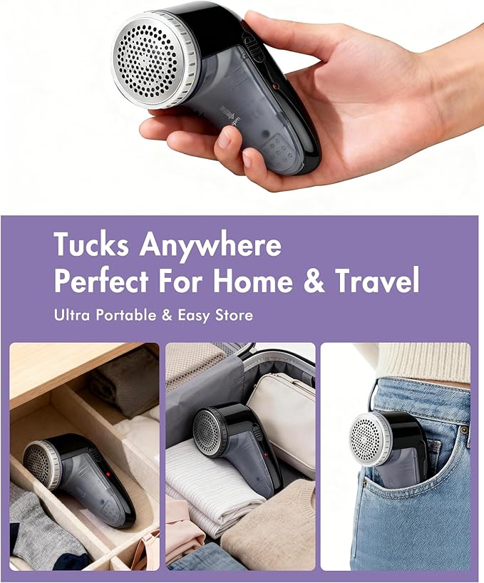 Ruidla Fabric Shaver Defuzzer, Electric Lint Remover, Rechargeable Sweater Shaver with Stainless Steel 3-Leaf Blades, Dual Protection, Removable Bin, Easy Remove Fuzz, Lint, Pills, Bobbles
