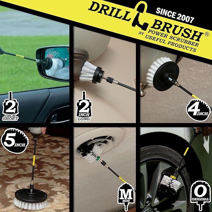 Drill Brush Ultimate Automotive Cleaning Kit with Extension - Truck Accessories - Glass, Upholstery, Seats, Window, Interior, Wheel, Carpet Cleaner - Car Mats - Spin Brush - Motorcycle Accessories