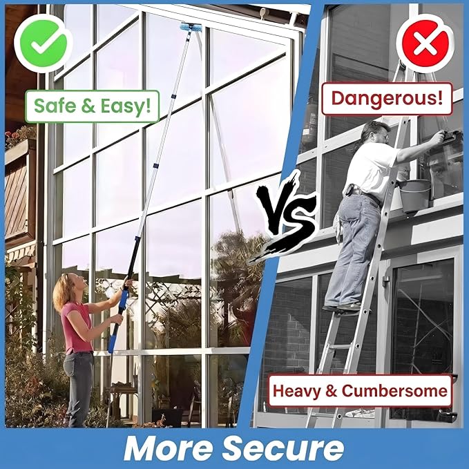 36ft High Ceiling Duster Kits with 5-30ft Heavy Duty Extension Pole - Fan Blade Cleaner, Cobweb Remover & Blue Window Squeegee Kit, Washable Dust Brush for High Roof and Glass Surfaces