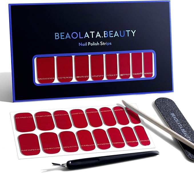Nail Polish Strips, 32PCS Salon Quality Wraps, Long Lasting Gel Nail Stickers for Women Easy Apply& Remove (Disco Cherry Red)