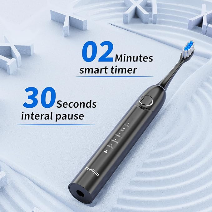 Sonic Electric Toothbrush - 40,000 VPM Power Toothbrush with 5 Modes, Smart Timer & Mode Memory, IPX7 Waterproof, 30 Days Battery Life with Inductive Charger, 8 Brush Head (Black)