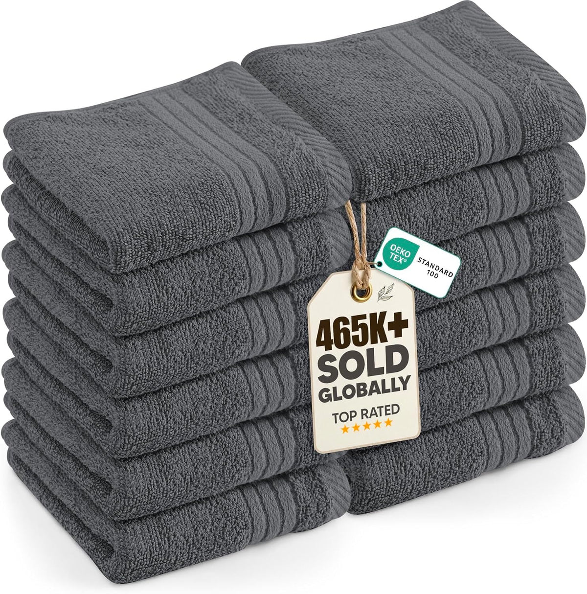 12 Pack Premium Wash Cloths, 12x12 In, 100% Cotton, Grey