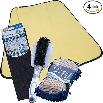PETEX Car Cleaning Set: 1x Cleaning and Washing Sponge, 2x Microfibre Cloths, 1x Wheel Brush
