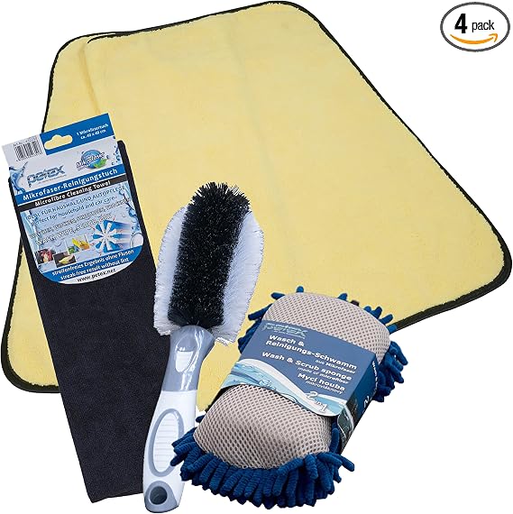 PETEX Car Cleaning Set: 1x Cleaning and Washing Sponge, 2x Microfibre Cloths, 1x Wheel Brush