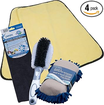 PETEX Car Cleaning Set: 1x Cleaning and Washing Sponge, 2x Microfibre Cloths, 1x Wheel Brush