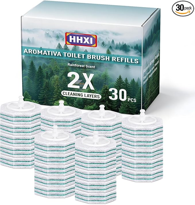 30Ct Aromative Toilet Brush Refills, Toilet Bowl Cleaner Refills, Double-Layer Cleaning Pads Added, Compatible with Most Toilet Brushes，Rainforest Scent（Patented）