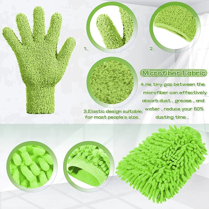 Potchen 6 Pcs Microfiber Dusting Mitt Gloves for Plants Washable Dusting Gloves for House Cleaning Furniture Car Washing