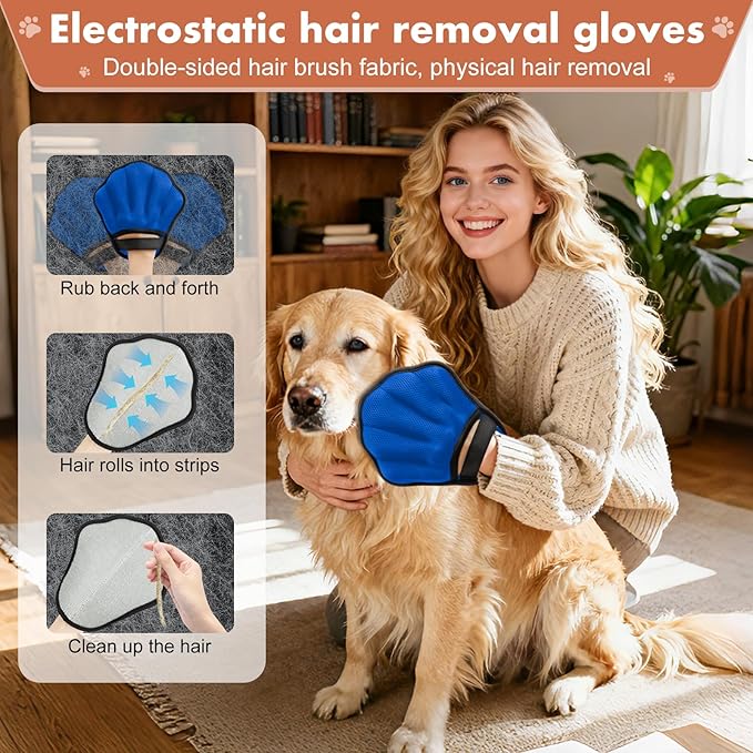 Pet Hair Removal Glove, Electrostatic Pet Hair Remover Glove for Cats & Dogs, Pet Hair Remover Tool for Laundry, Couch, Carpet, Car Seat - Upgraded Five-Finger, Reusable, Blue+Grey