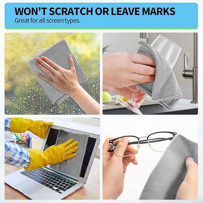 Microfiber Cleaning Cloth - 10 Pack Glasses Cleaning Cloth, 16" x 14" Window Cleaning Rags, Streak Free Lint Free Polishing Cloths Wipes for Eye Glass, Stainless Steel, Windshield, Grey