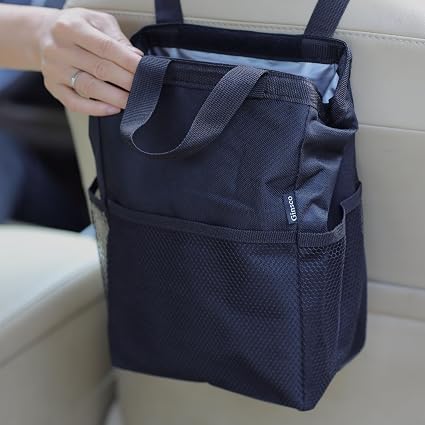 Ginsco New Leak-Proof Travel Trash Bag, Hanging Car Trash Can with Hook and Loop Lid and Handle, Multipurpose Trash Bin 