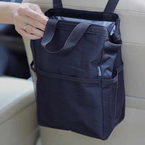 Ginsco New Leak-Proof Travel Trash Bag, Hanging Car Trash Can with Hook and Loop Lid and Handle, Multipurpose Trash Bin 