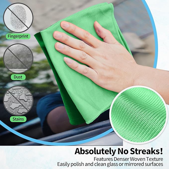 Microfiber Cleaning Cloth, 12 Pack Window Glasses Cleaning Cloth, Reusable Lint-Free Streak Free Polishing Cloth Wipes for Stainless Steel, Eyeglass, Mirror, Screen & Lense, Sage Green