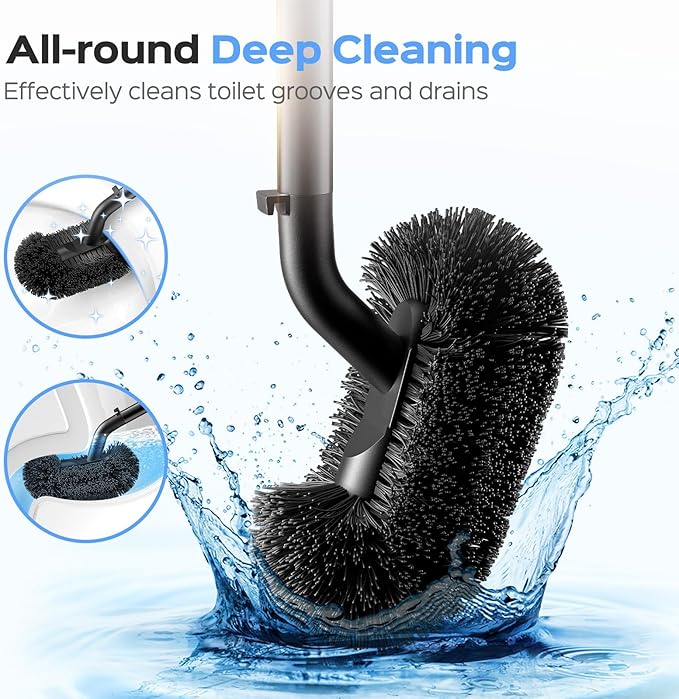 HAMITOR Toilet Plunger and Brush Set: 2 in 1 Stainless Steel Combo with Curved Bristles - Heavy Duty Toilet Unclogging for Family Bathroom - Compact Hideaway Apartment Cleaning Accessories - Black