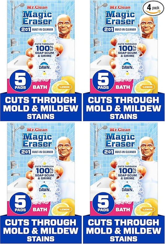 Mr. Clean Magic Eraser Sponge, Bathroom Cleaner, Shower Cleaner, Tub Cleaner, Soap Scum Remover, Bathroom Cleaning Supplies, Dawn Cleaning Power with Lemon Scent, 2 in 1 Bath, 5ct (Pack of 4)