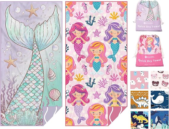 Eunzel 2 Pack Microfiber Kids Beach Towel, Quick Dry Towels for Girls & Boys Sand Free Travel Towel for Beach, Camping, 