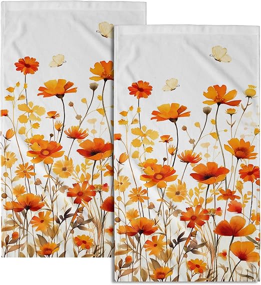 Fall Floral Hand Towels Set of 2, 28 x 14 Inch Autumn Orange Wildflowers Leaves Plant Bathroom Towel Soft Absorbent Kitc