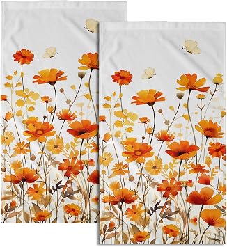 Fall Floral Hand Towels Set of 2, 28 x 14 Inch Autumn Orange Wildflowers Leaves Plant Bathroom Towel Soft Absorbent Kitc