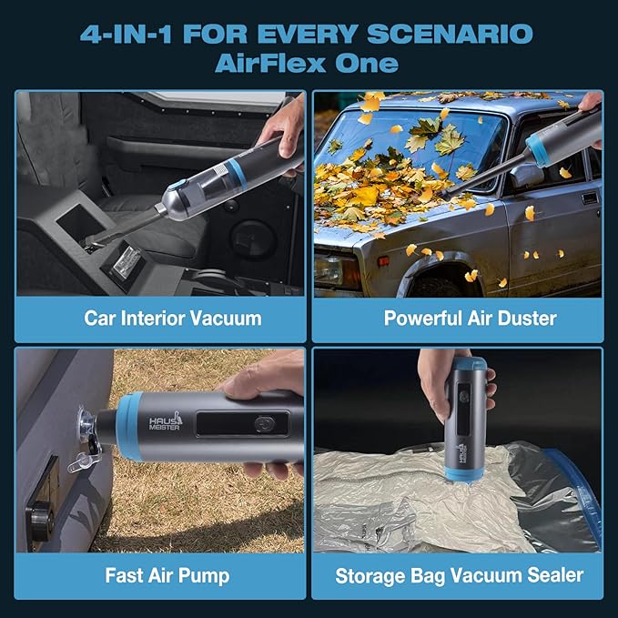 HAUSMEISTER Airflex One Cordless Car Vacuum 16000Pa, 4-in-1 Handheld Vacuum with Air Duster & Inflator, Portable Mini Vac for Car Detailing, Pet Hair, Keyboard Cleaning (Gray)
