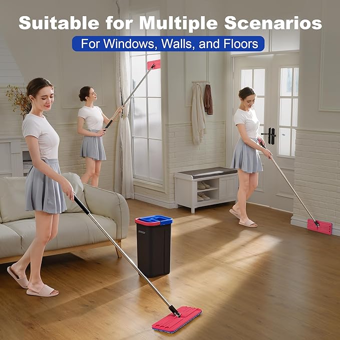 JOYMOOP Flat Mop System, Microfiber Mop and Bucket Set, Black, Floor & Wall Cleaning Mop for Home & Commercial Use, 60" Long Handle, Includes 5 Washable Pads