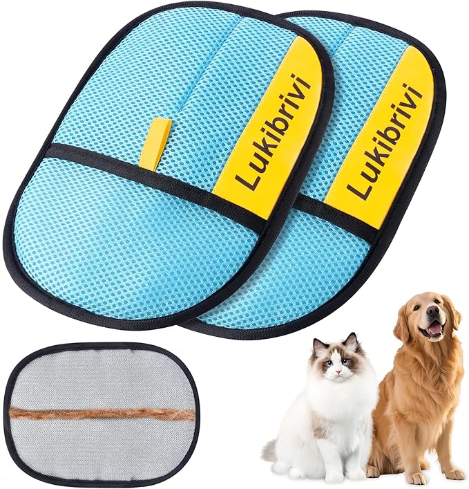 Pet Hair Removal Glove for Dogs & Cats - Upgraded Reusable Electrostatic Pet Hair Glove, Gentle Grooming Mitt, Pet Hair Remover Tool for Laundry, Couch, Carpet & Car Seat, 2 Pack (Blue)