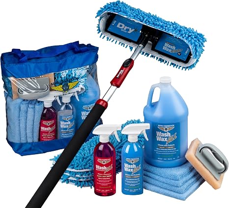 Aero Cosmetics Waterless RV Aircraft Boat Wash Wax Mop Kit with Deluxe Pole 3' 9" to 9' No Ladder Needed, Wash, Wax, Dry