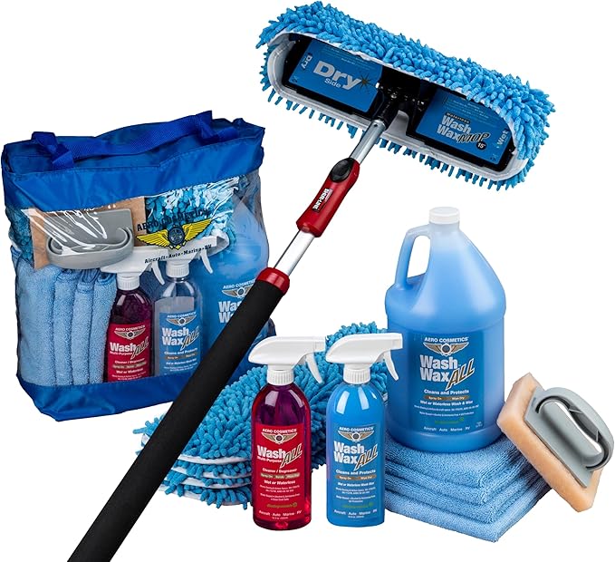 Aero Cosmetics Waterless RV Aircraft Boat Wash Wax Mop Kit with Deluxe Pole 3' 9" to 9' No Ladder Needed, Wash, Wax, Dry