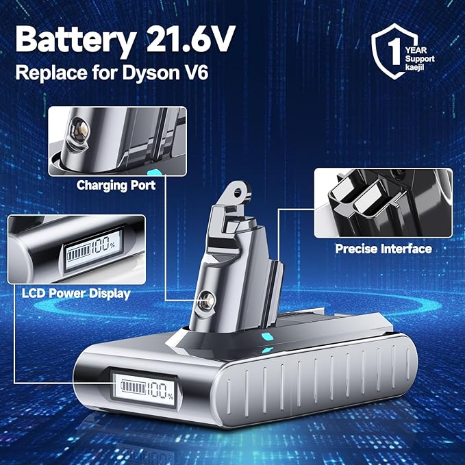 10000mAh Replacement Battery for Dyson V6 – LCD Display with Percentage, Longer Runtime, for V6 Animal Motorhead Fluffy Absolute SV03 SV04 SV05 DC58 DC59 DC61 Vacuum Cleaner, 2 Filters Included