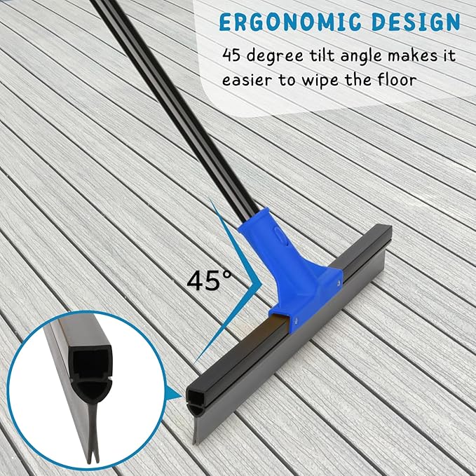 Floor Squeegee with Telescopic Long Handle 59'', Heavy Duty 18" Rubber Wiper Broom for Concrete, Bathroom Tile, Garage, Deck