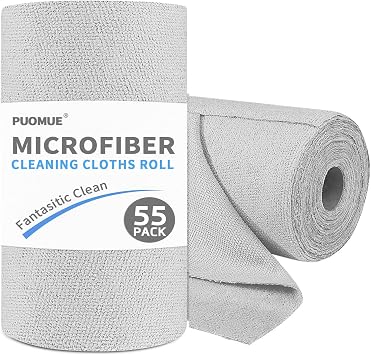 Puomue 55 Pack Microfiber Cleaning Cloth Roll, Tear Away Reusable Paper Towels, 11" x 9", Ultra Absorbent & Lint Free Mi
