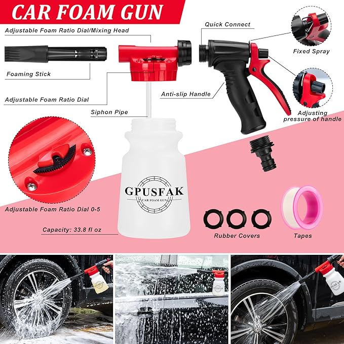 42Pcs Car Wash Cleaning Kit with Foam Gun Sprayer Detailing Brushes Car Vacuum Windshield Cleaning Tool Tire Brush Towels Complete Interior Exterior Detailing Set for Car