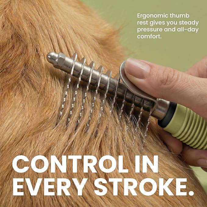 Poodle Dematting Fur Rake Comb Brush for Dogs and Cats - Long 2.5" Steel Safety Blades Metal Comb for Detangling Matted or Knotted Undercoat Hair (Green)