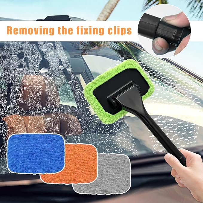 Ohleats Car Windshield Cleaning Tool, Microfiber Window Cleaner with 4 Washable and Reusable Cloth Pad & Long Handle, Auto Glass Wiper Cleaning Kit with Spray Bottle, Car Accessories