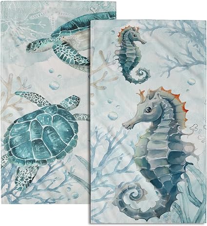 Watercolor Ocean Hand Towels Set of 2, Blue Sea Turtle Seahorse Animal Nautical Themed Bathroom Towel Soft Dish Cloth fo