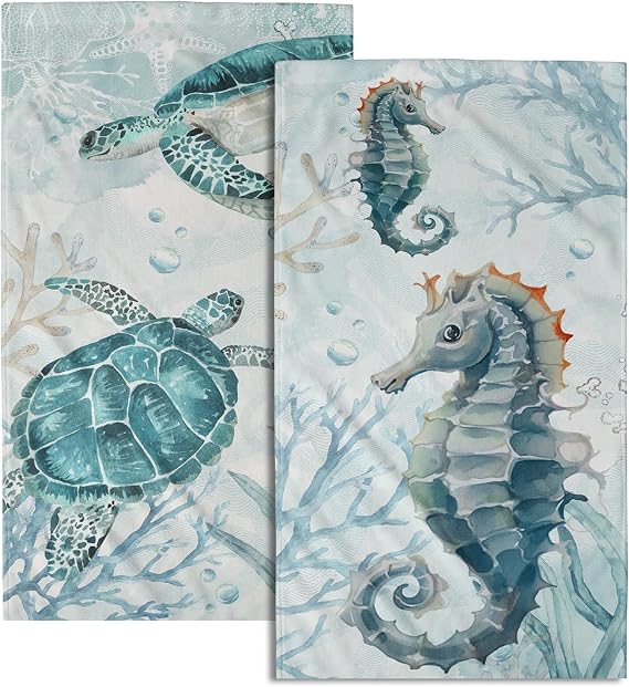 Watercolor Ocean Hand Towels Set of 2, Blue Sea Turtle Seahorse Animal Nautical Themed Bathroom Towel Soft Dish Cloth fo