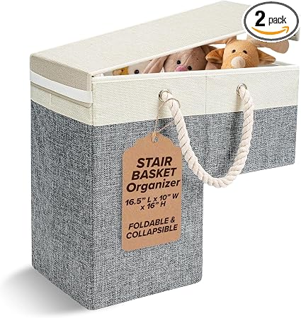 2 PACK Stair Basket Storage Organizer with Lid for Carpeted & Wooden Stairs