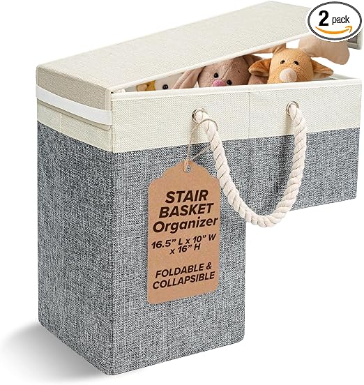 2 PACK Stair Basket Storage Organizer with Lid for Carpeted & Wooden Stairs