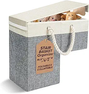 2 PACK Stair Basket Storage Organizer with Lid for Carpeted & Wooden Stairs