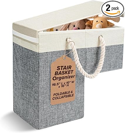 2 PACK Stair Basket Storage Organizer with Lid for Carpeted & Wooden Stairs
