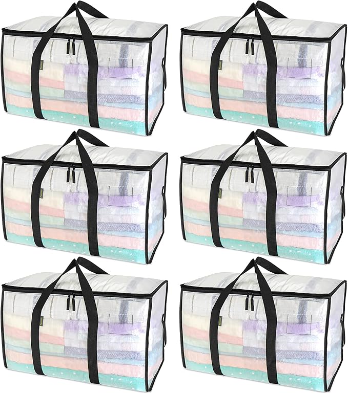 BALEINE 6-Pack Oversized Moving Bags with Reinforced Handles, Heavy-Duty Storage Tote for Clothes, Moving Supplies (Clea
