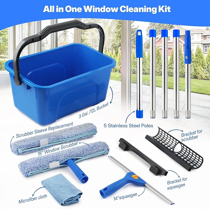 Professional Window Cleaning Kit with Bucket 3 Gallon, 76" Long Handle Window Squeegee and Microfiber Scrubber, High Windows Washing Equipment, Window Cleaner Tool for Commercial, Home, Outdoor, Car