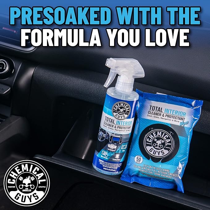 Chemical Guys Total Interior Cleaner & Protectant Wipes – 50 Pack Multi Surface Car Interior Cleaning Wipes for Dashboards, Doors and Seats – Safe for Trucks, SUVs, RVs and Home Use