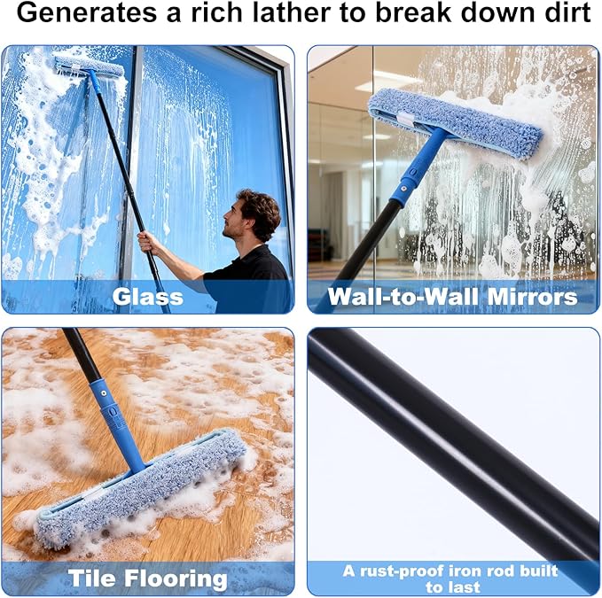 3-in-1 Professional Window Squeegee Kit with 2 Squeegee, 2 Microfiber Scrubber, 1 Razor Scraper, Thick Iron, 63.4" Window Squeegee with Extension Pole for Car, Glass, Mirror, Wall, Bathroom, Home, Van