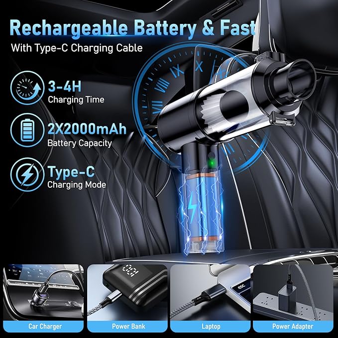 Car Vacuum Portable Cordless, 35000Pa High Power Brushless Motor Handheld Vacuum, 6-in-1 Rechargeable Mini Cleaner with Air Duster for Car, Home, Pet Hair, Keyboard, Graphite Grey