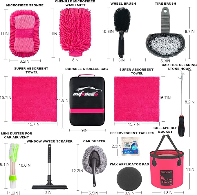 22Pcs Car Wash Cleaning Tools Kit Car Detailing Set with Canvas Bag Pink Collapsible Bucket Wash Mitt Sponge Towels Tire Brush Window Scraper Duster Complete Interior Car Care Kit