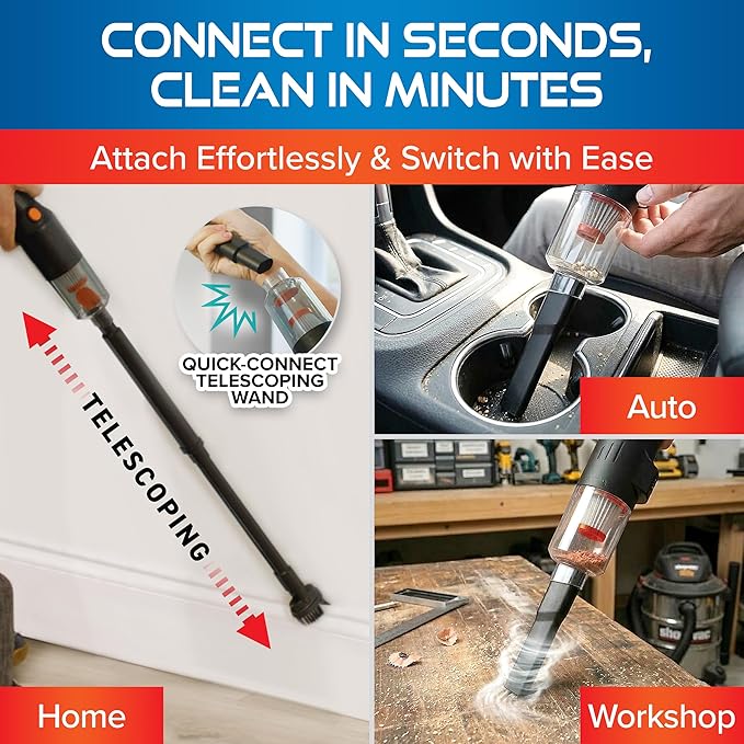 Pocket Vac Reach Handheld Vacuum w/ 3ft Extension Wand – Cordless 2-in-1 Blower & Portable Car Vacuum Cleaner, Mini Hand Vacuum for Furniture, Keyboard & Tight Spaces - w/ 8-Piece Attachment Kit