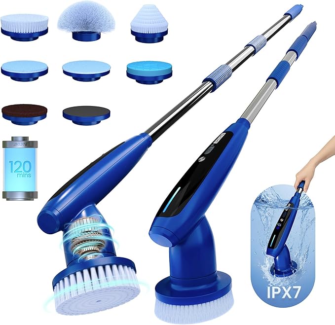 2026 Upgraded Electric Spin Scrubber: 120 Min Runtime, IPX7 Waterproof Cordless Power Scrubber, Adjustable Extension Handle, 8 Heads, 2 Speeds for Shower, Tub, Tile & Floor