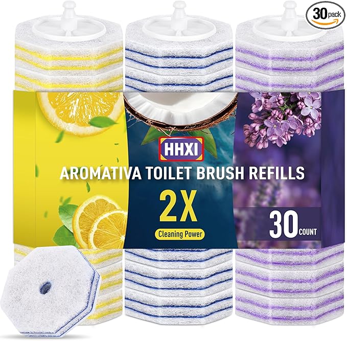 30Ct Aromative Toilet Brush Refills, Toilet Bowl Cleaner Refills, Double-Layer Cleaning Pads Added, Disposable Refill Heads for Toilet Bowl Cleaner Wands，Lemon, Blue Ocean, Lavender （Patented）