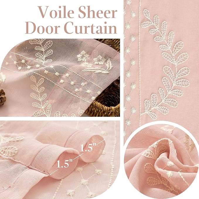jinchan Semi Sheer French Door Curtain with Tie Up Bows Floral Embroidered Voile Privacy Curtain for Patio Door Closet Sliding Glass Door Rod Pocket 72 Inch 1 Panel Pink